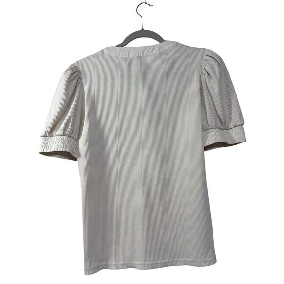 $195 Derek Lam 10 Crosby Size Heather T-Shirt Puff Sleeve Rib Off White L NWOT - Picture 7 of 10